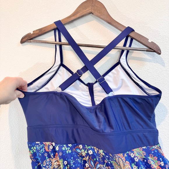 BloomChic Modest Swim Dress Navy Floral Paisley Skirted One Piece 18 20 NWOT - Picture 7 of 12